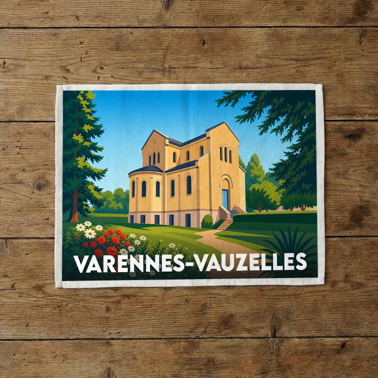 Torchon souvenir de la ville de Varennes-Vauzelles avec une illustration stylisée de l'église Notre-Dame-de-l'Orme.