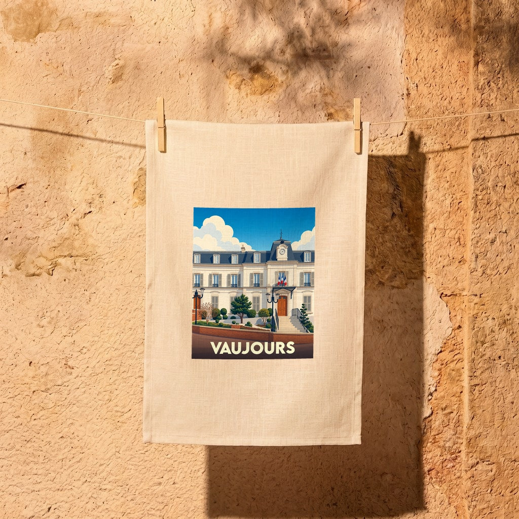 Torchon souvenir de la ville de Vaujours orné d'une illustration stylisée de son hôtel de ville.
