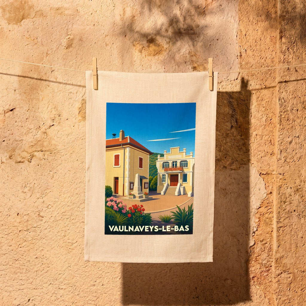 Torchon souvenir de Vaulnaveys-le-Bas illustré d'un paysage urbain coloré de style affiche vintage.