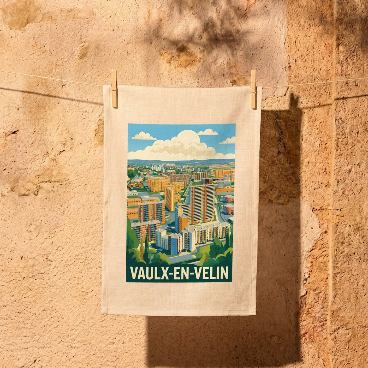 Torchon souvenir de la ville de Vaulx-en-Velin avec une illustration urbaine stylisée.