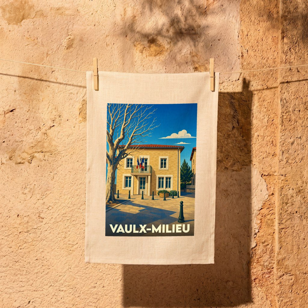 Torchon souvenir de la ville de Vaulx-Milieu avec une illustration stylisée de sa mairie.
