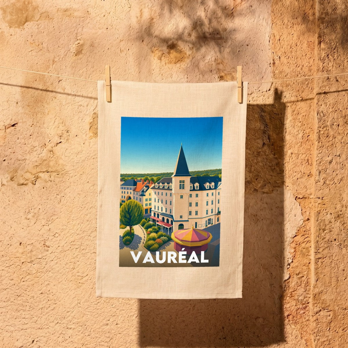 Torchon souvenir de la ville de Vauréal avec une illustration stylisée.
