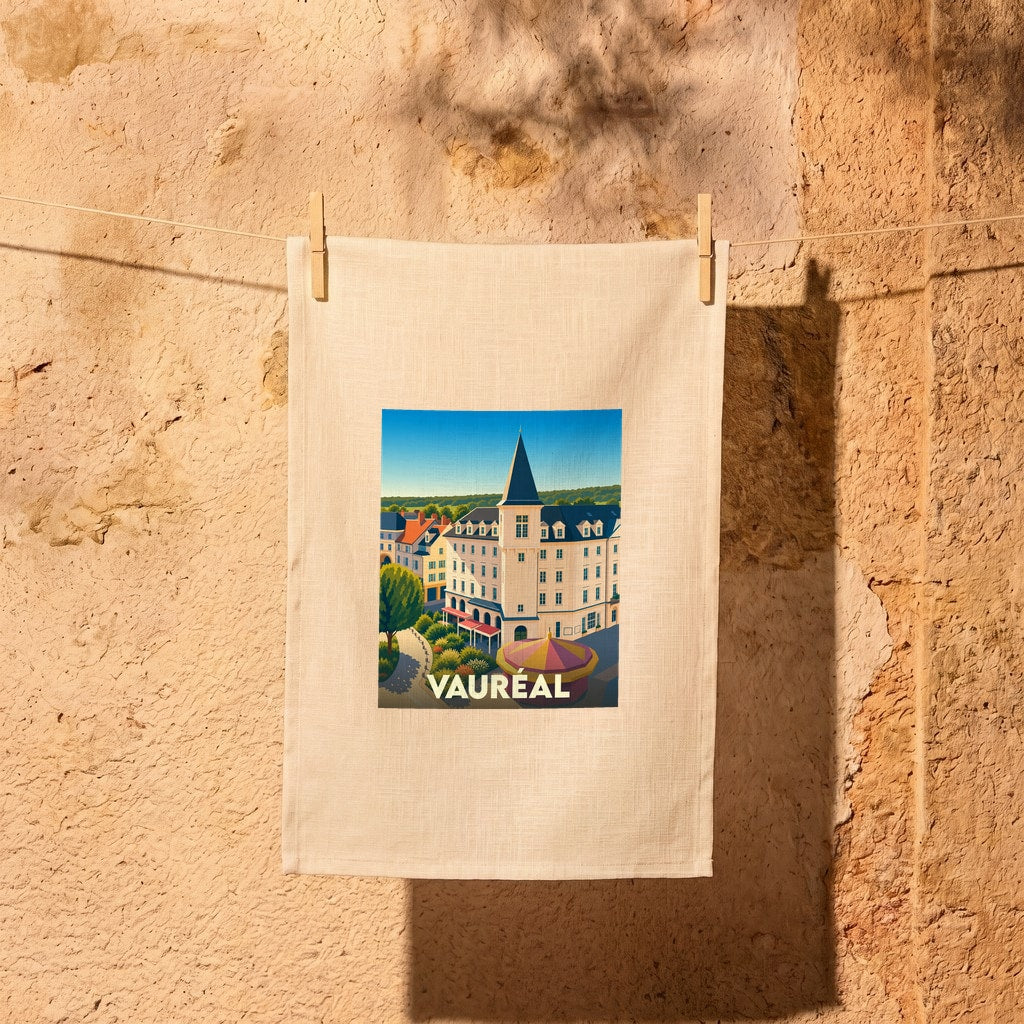 Torchon souvenir de la ville de Vauréal avec une illustration stylisée.