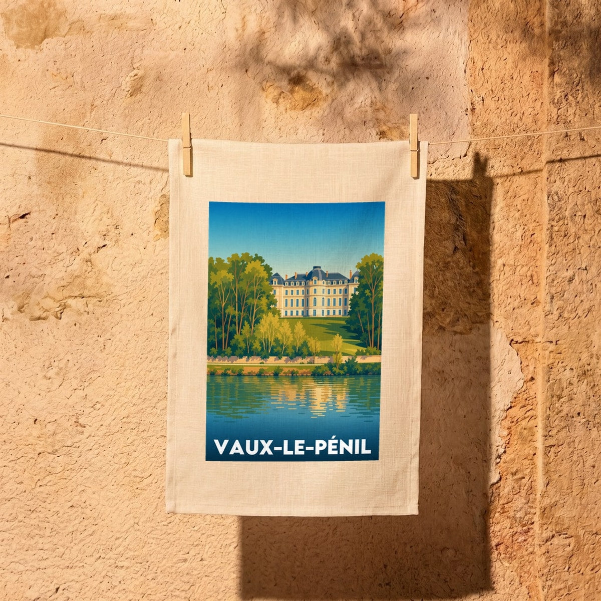 Torchon souvenir de la ville de Vaux-le-Pénil avec une illustration stylisée.