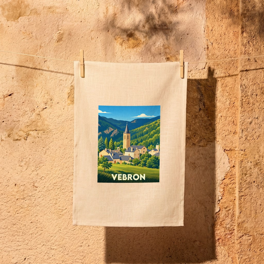 Torchon souvenir de la ville de Vebron avec une illustration stylisée.