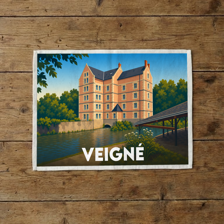 Torchon souvenir de la ville de Veigné illustrant un moulin stylisé au bord de l'eau.