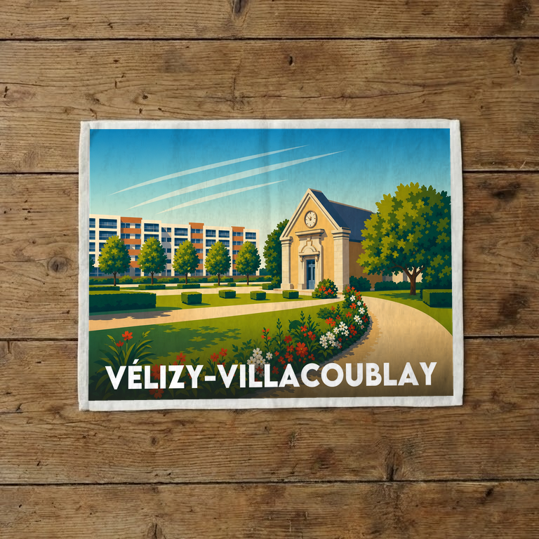 Torchon souvenir de la ville de Vélizy-Villacoublay avec une illustration paysagère stylisée.