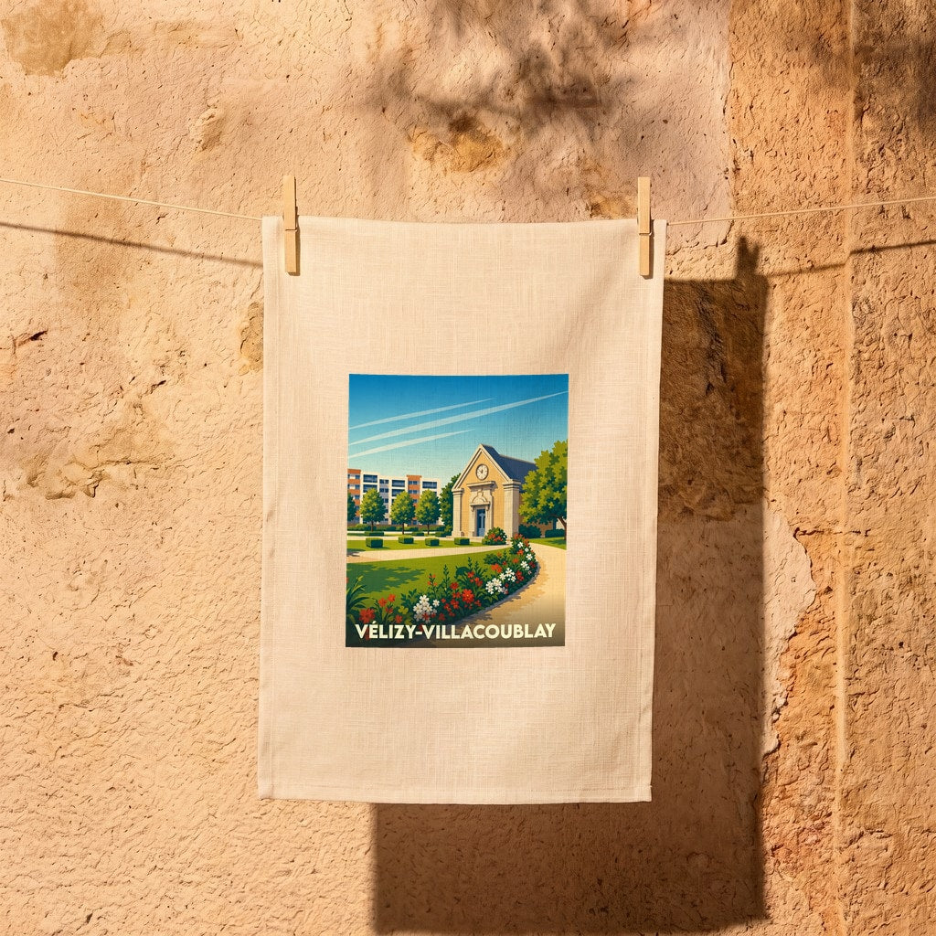 Torchon souvenir de la ville de Vélizy-Villacoublay avec une illustration paysagère stylisée.