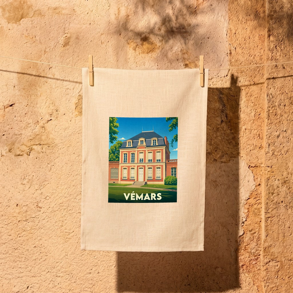 Torchon souvenir de la ville de Vémars avec une illustration stylisée d'une demeure historique.
