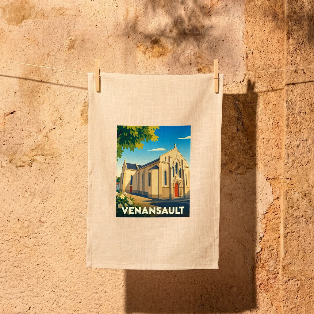 Torchon souvenir de la ville de Venansault avec une illustration stylisée de son église.