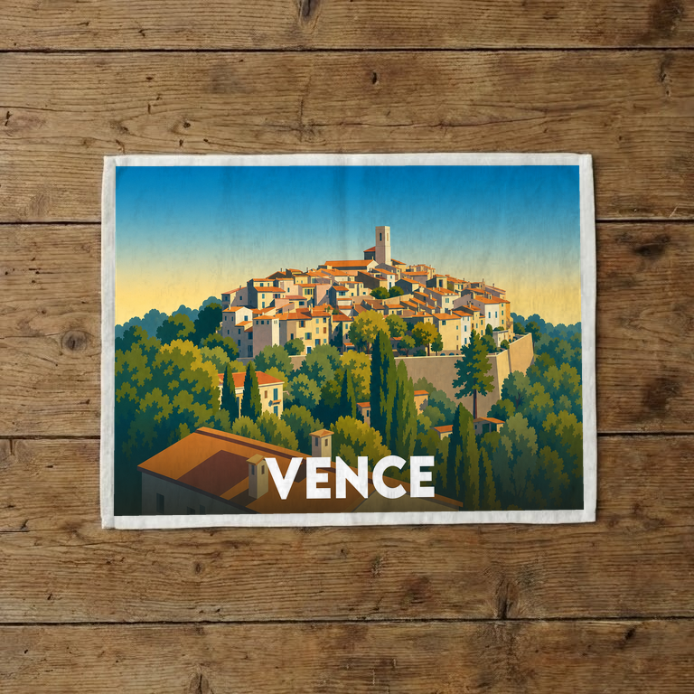 Torchon souvenir de la ville de Vence avec une illustration stylisée.