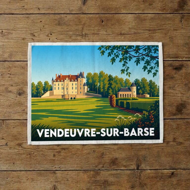 Torchon souvenir de la ville de Vendeuvre-sur-Barse avec une illustration stylisée de son château.