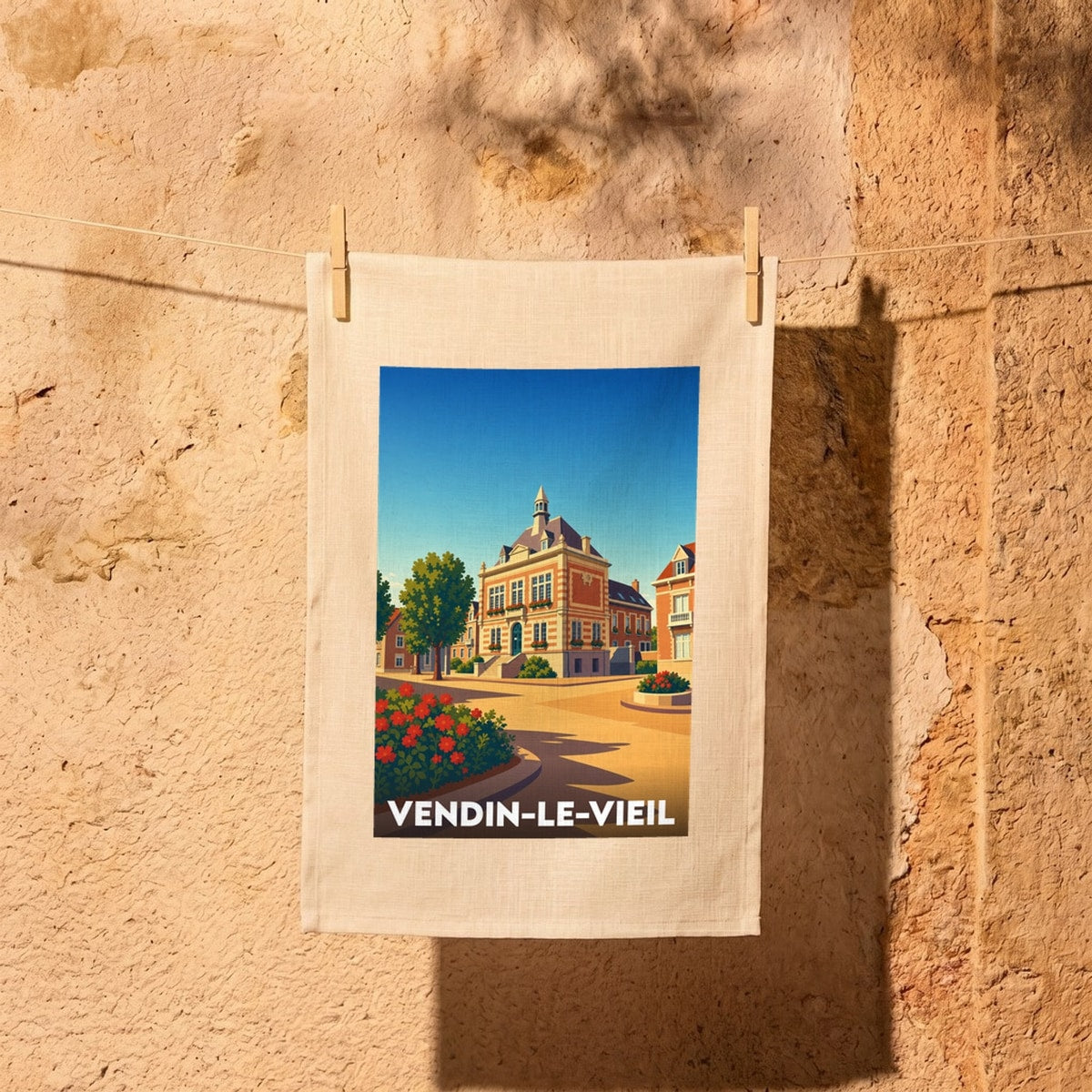 Torchon souvenir de la ville de Vendin-le-Vieil avec une illustration stylisée de sa mairie et de ses bâtiments typiques.