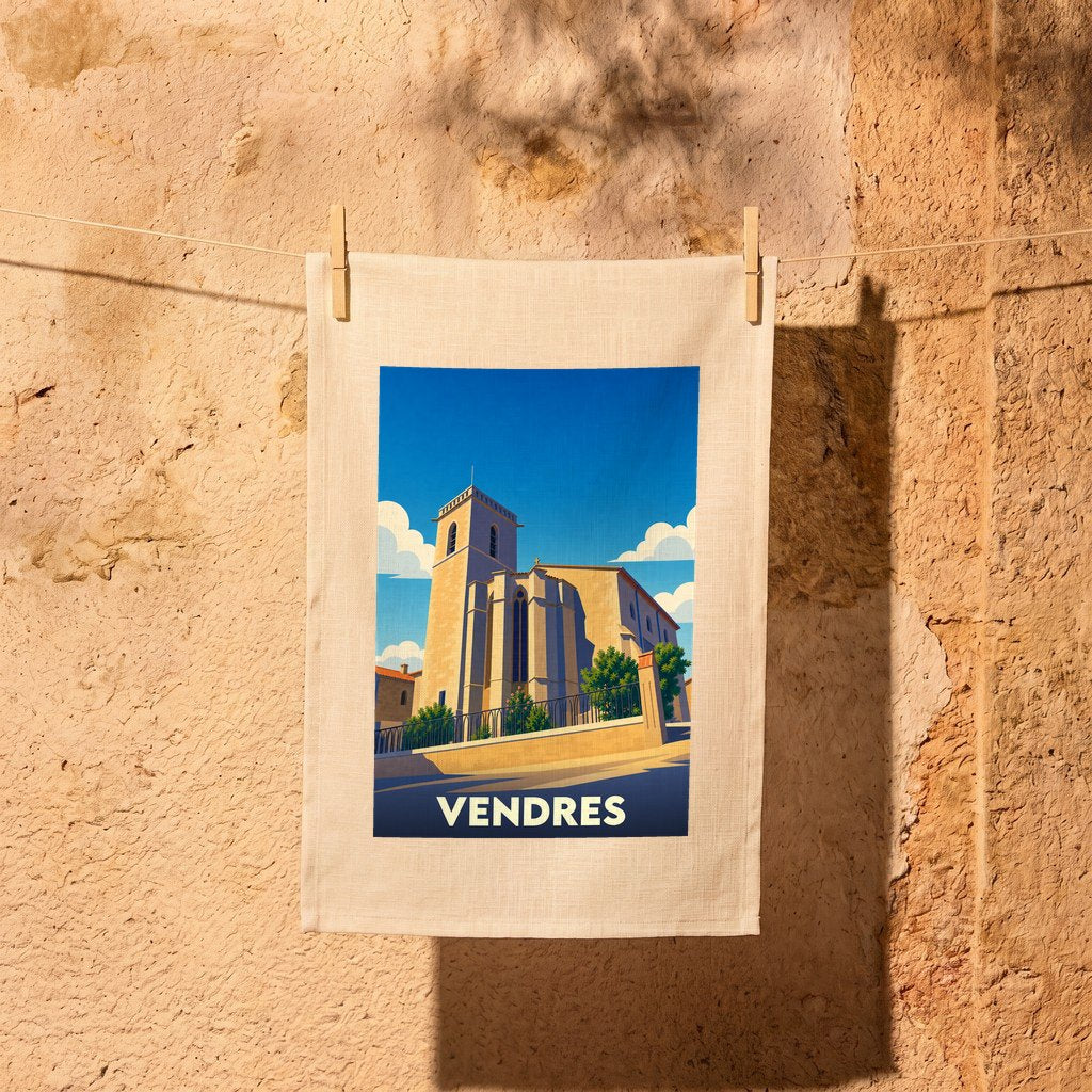 Torchon souvenir de la ville de Vendres avec une illustration stylisée de son église sous un ciel bleu.