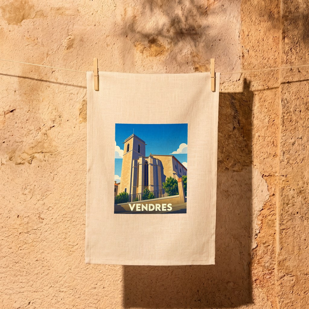 Torchon souvenir de la ville de Vendres avec une illustration stylisée de son église sous un ciel bleu.