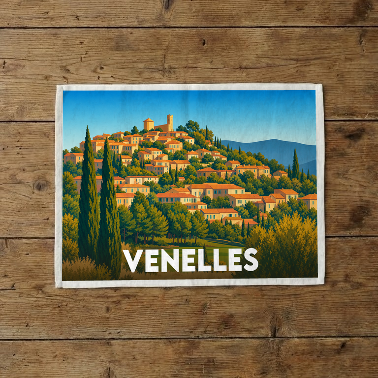 Torchon souvenir de la ville de Venelles avec une illustration stylisée d'un village perché de Provence.