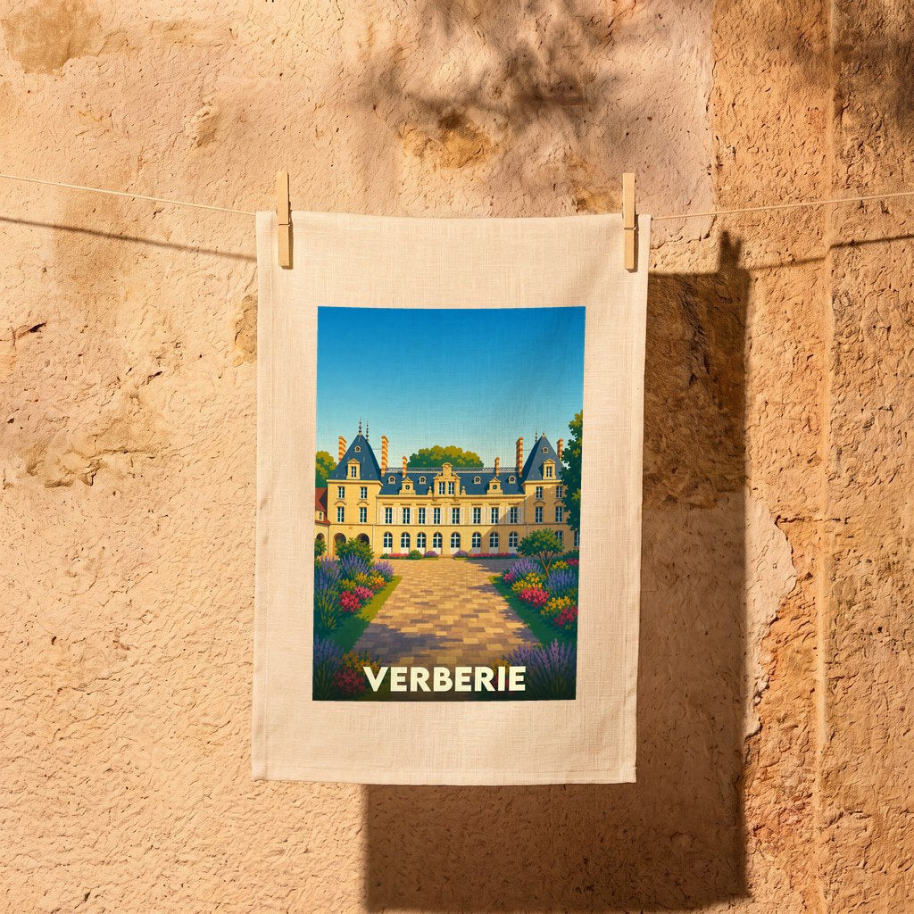 Torchon souvenir de la ville de Verberie orné d'une illustration stylisée de son château et de ses jardins.