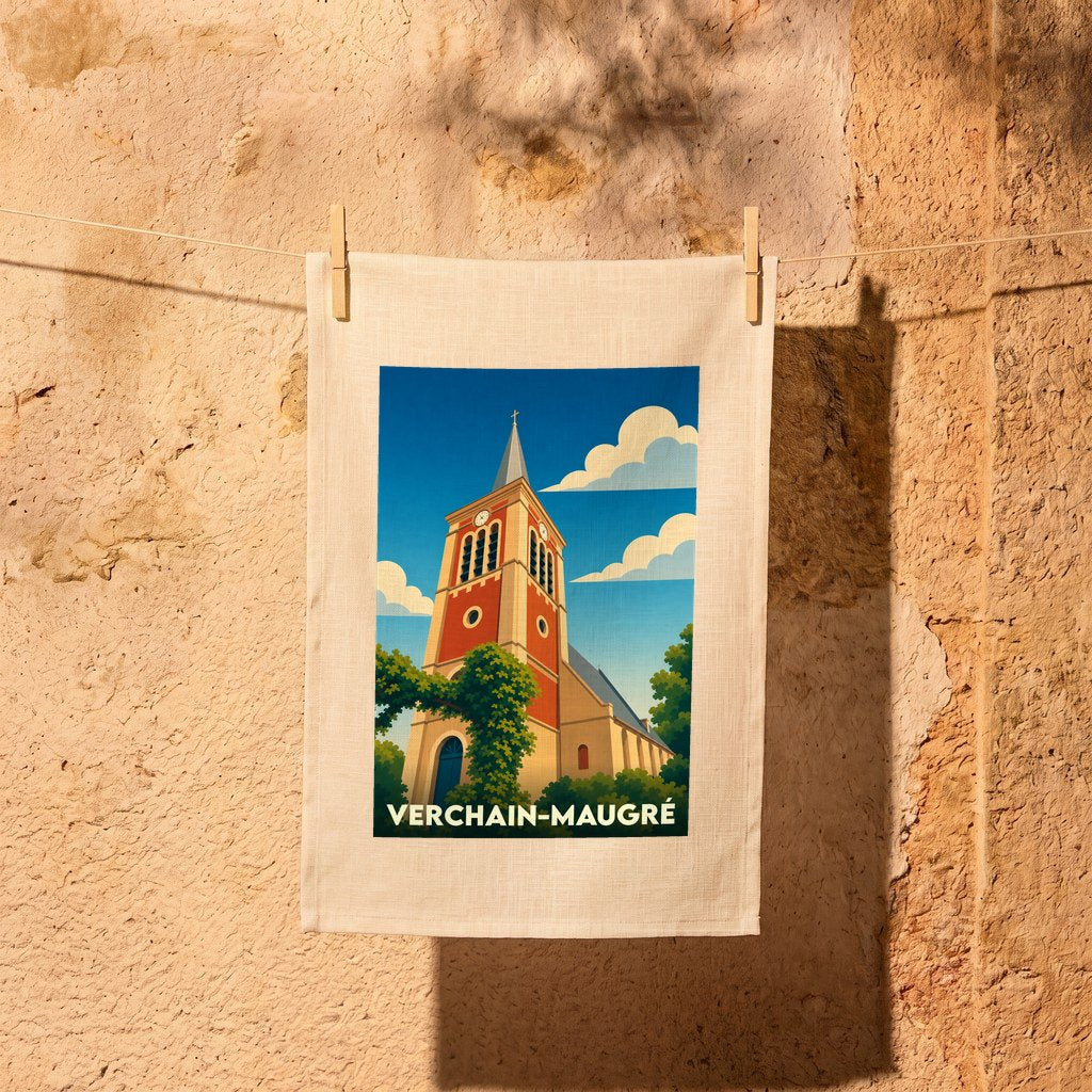 Torchon souvenir de la ville de Verchain-Maugré avec une illustration stylisée de son église.