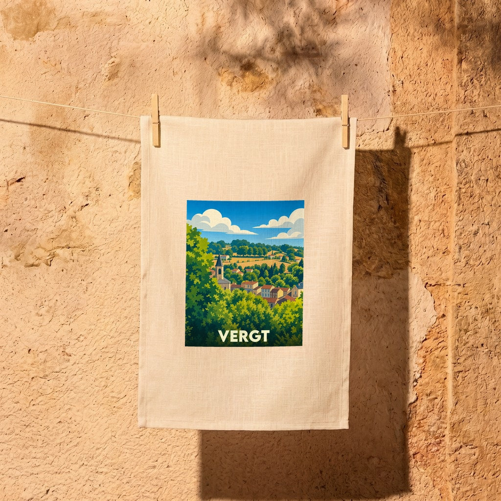 Torchon souvenir de la ville de Vergt avec une illustration stylisée de son paysage vallonné.