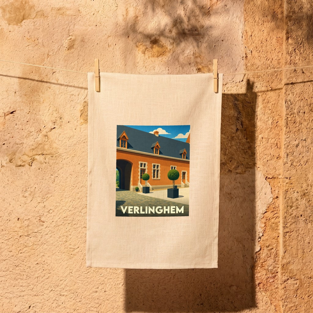 Torchon souvenir de la ville de Verlinghem orné d'une illustration stylisée de son patrimoine architectural.