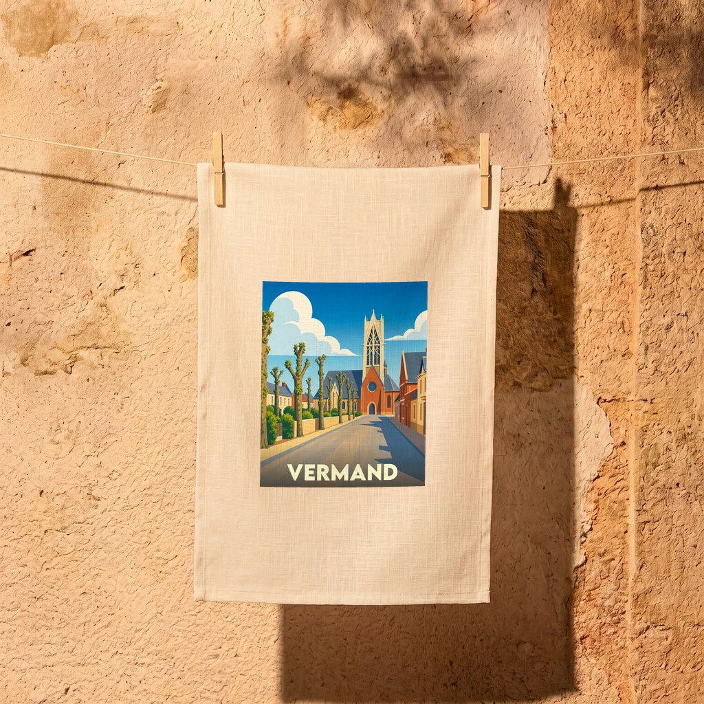 Torchon souvenir de la ville de Vermand orné d'une illustration stylisée de son église et de ses rues.