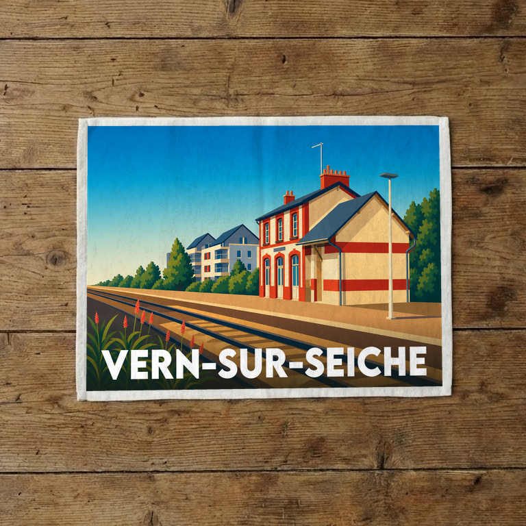 Torchon souvenir de la ville de Vern-sur-Seiche illustré par une vue stylisée de sa gare ferroviaire.