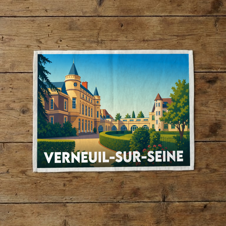 Torchon souvenir de la ville de Verneuil-sur-Seine avec une illustration stylisée d'un château.