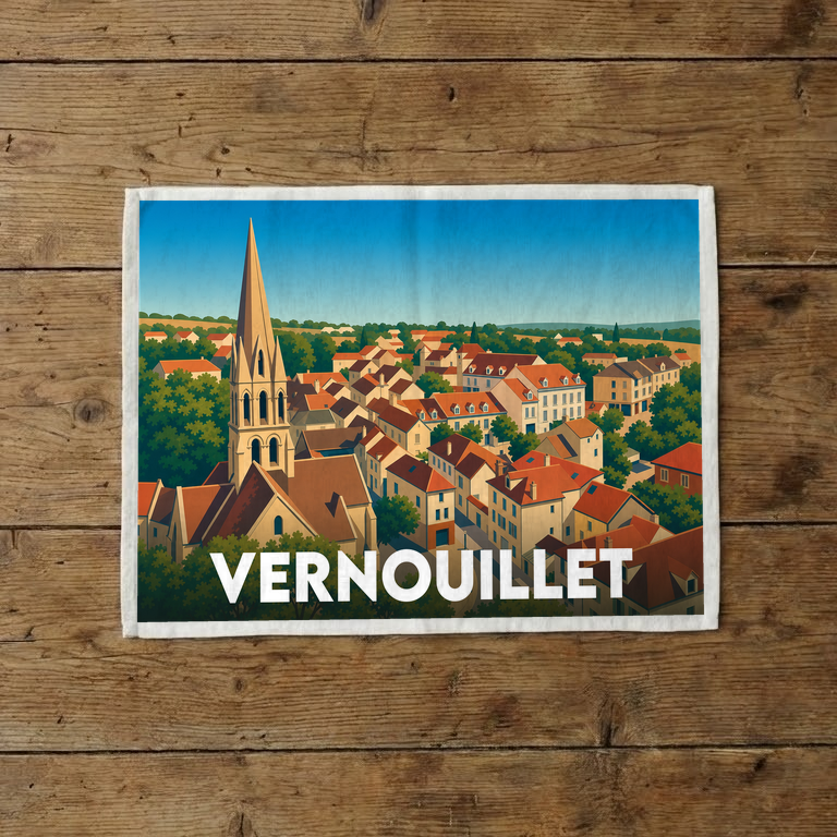 Torchon souvenir de la ville de Vernouillet avec une illustration stylisée de son église et de ses toits.