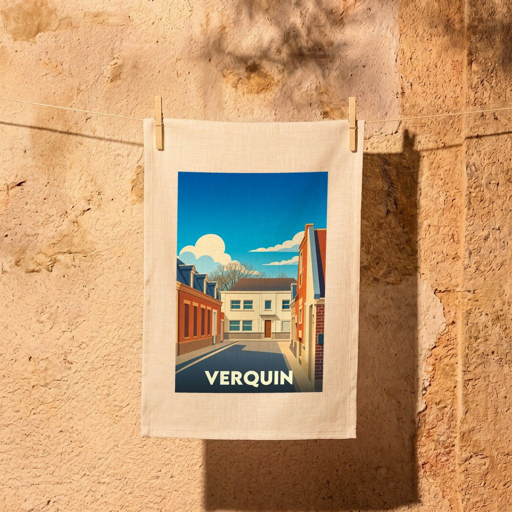 Torchon souvenir de la ville de Verquin avec une illustration stylisée.