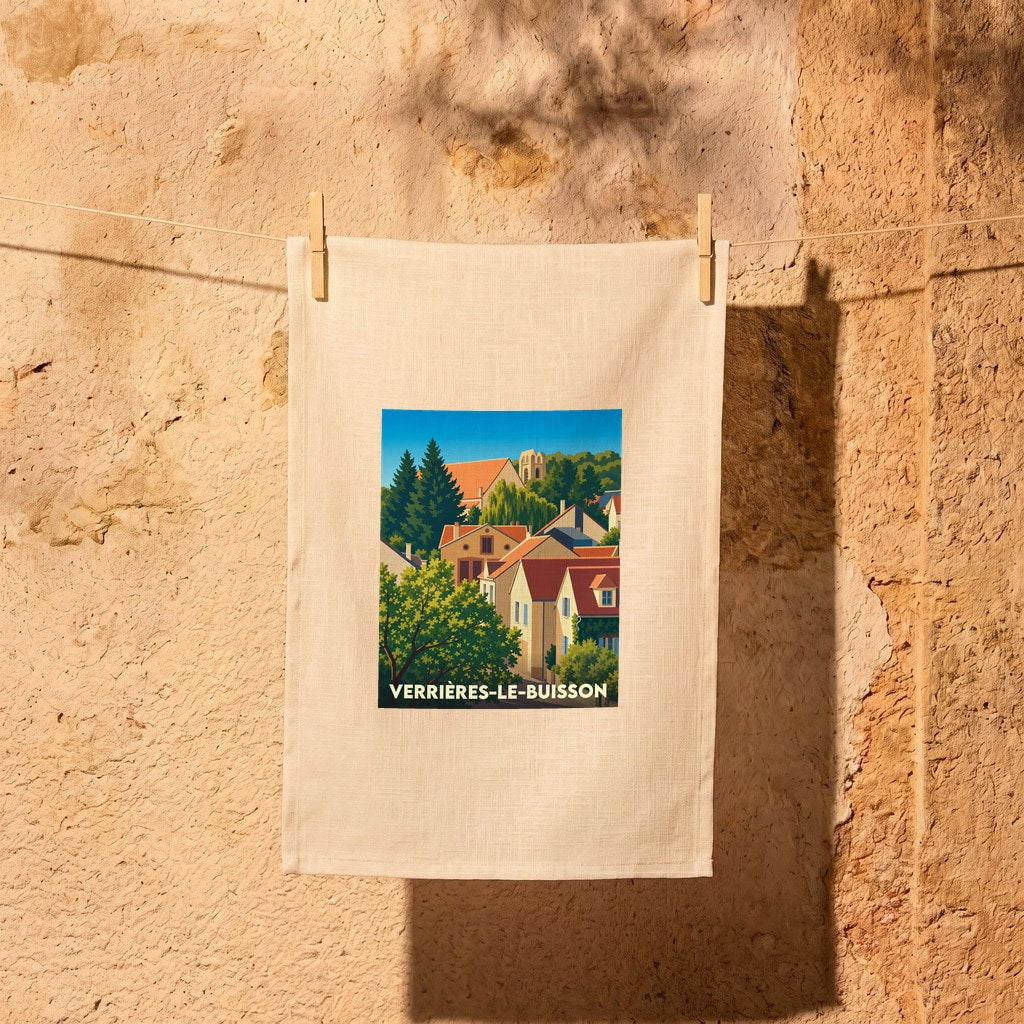 Torchon souvenir de la ville de Verrières-le-Buisson avec une illustration stylisée de ses maisons et de son église.