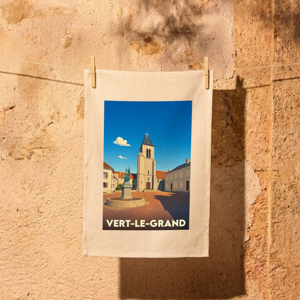 Torchon souvenir de la ville de Vert-le-Grand avec une illustration stylisée de sa place et de son église.