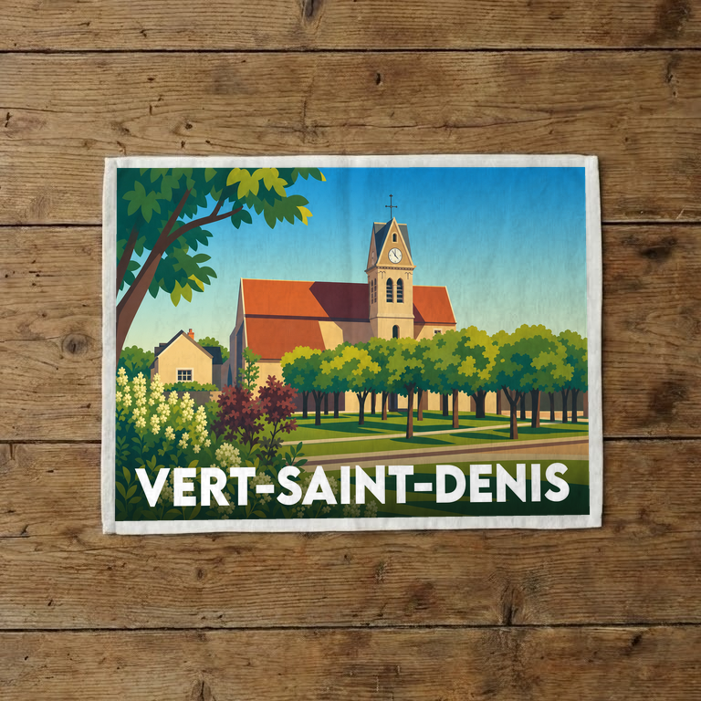 Torchon souvenir de la ville de Vert-Saint-Denis avec une illustration stylisée de son église.