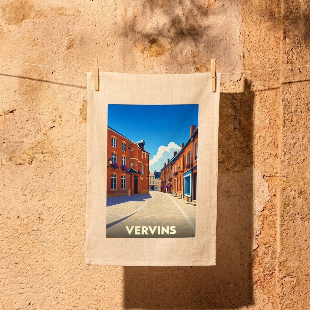 Torchon souvenir de la ville de Vervins avec une illustration stylisée d'une rue pittoresque.