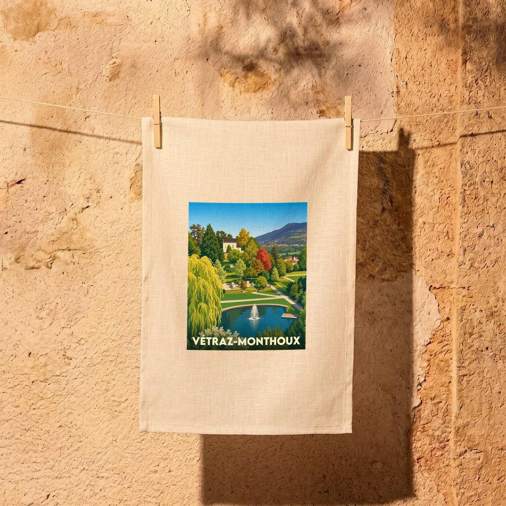 Torchon souvenir de la ville de Vétraz-Monthoux illustrant son parc arboré et sa fontaine dans un style rétro.