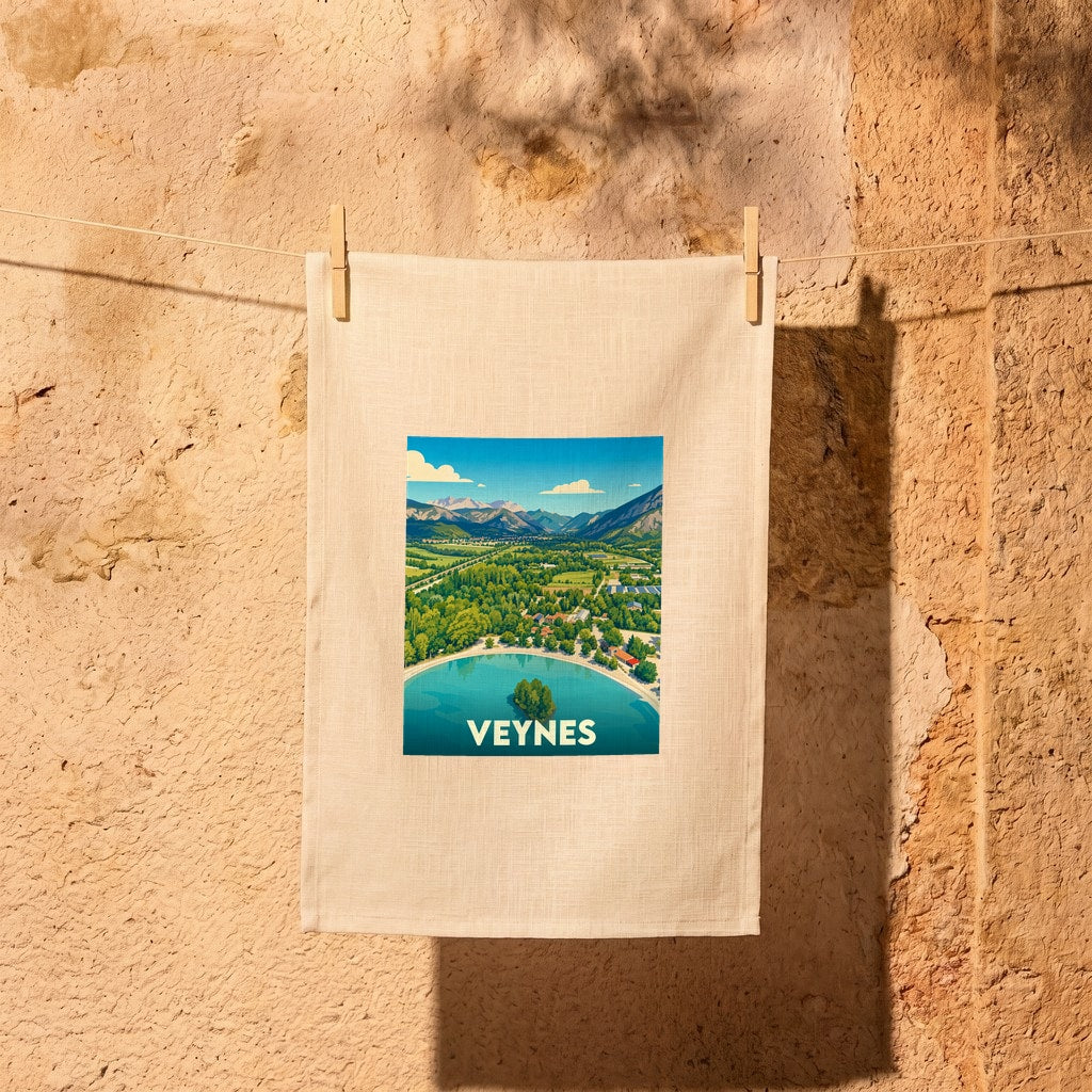 Torchon souvenir de la ville de Veynes avec une illustration stylisée d'un lac de montagne.