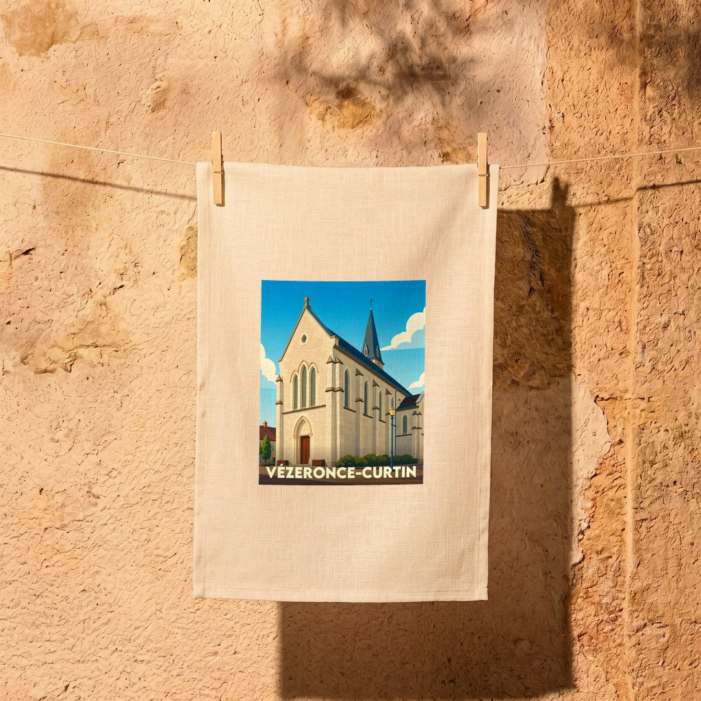 Torchon souvenir de la ville de Vézeronce-Curtin avec une illustration stylisée de son église.