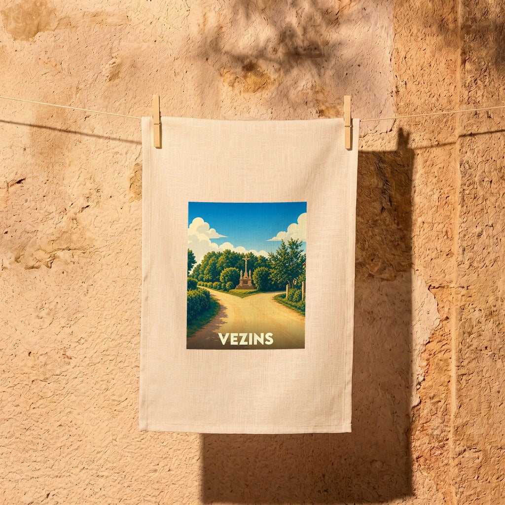 Torchon souvenir de la ville de Vezins illustré par un paysage champêtre stylisé.