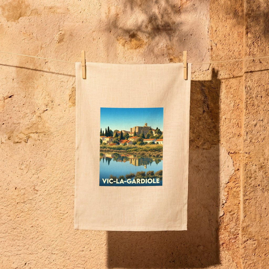 Torchon souvenir de la ville de Vic-la-Gardiole avec une illustration stylisée du village se reflétant dans l'eau.