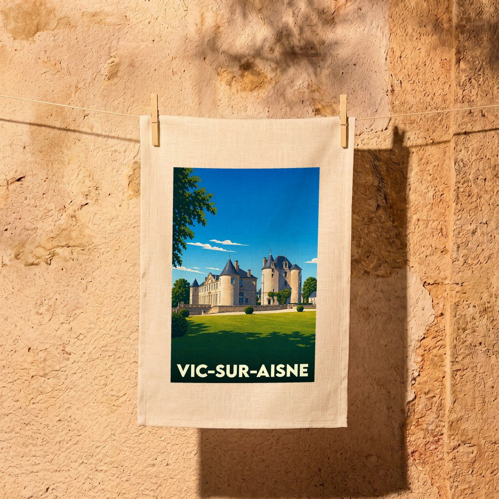 Torchon souvenir de la ville de Vic-sur-Aisne avec une illustration stylisée de son château.