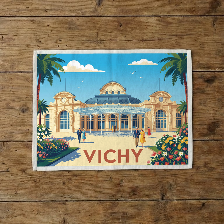 Torchon souvenir de la ville de Vichy avec une illustration colorée de style vintage.