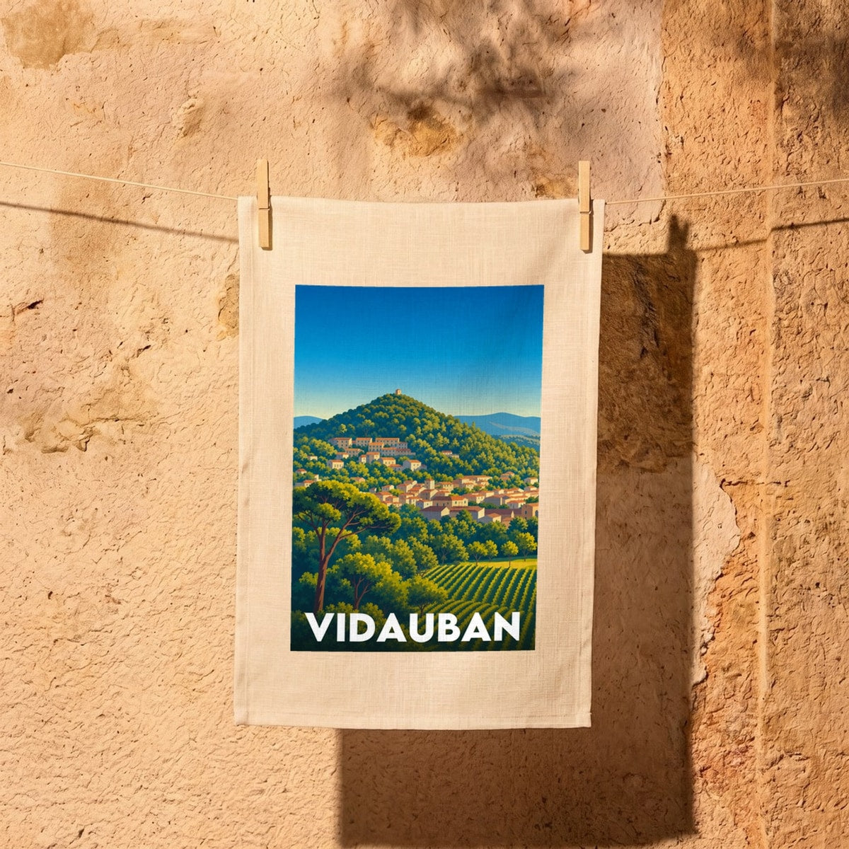 Torchon souvenir de la ville de Vidauban avec une illustration stylisée d'un village provençal niché sur une colline verdoyante.