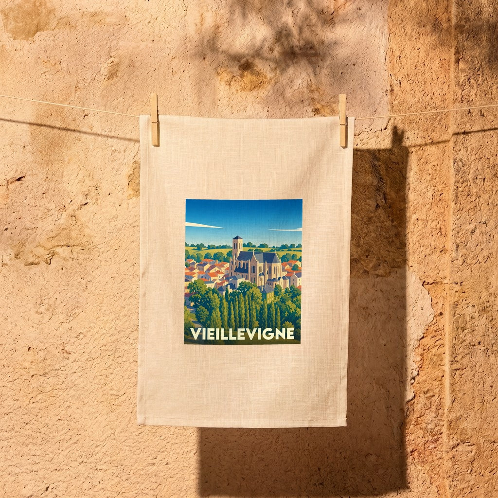 Torchon souvenir de la ville de Vieillevigne illustré d'un paysage urbain stylisé.