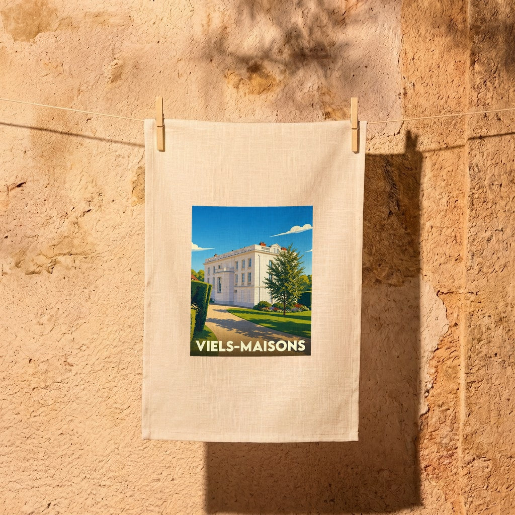 Torchon souvenir de la ville de Viels-Maisons illustré par une vue stylisée d'un château et de ses jardins.