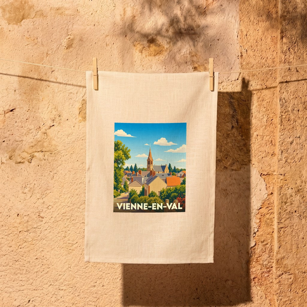 Torchon souvenir de la ville de Vienne-en-Val avec une illustration stylisée.