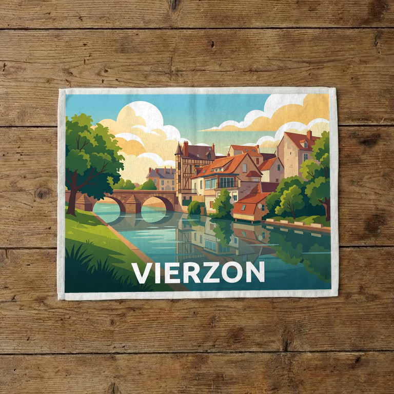 Torchon souvenir de la ville de Vierzon avec une illustration stylisée d'un paysage au bord de l'eau.