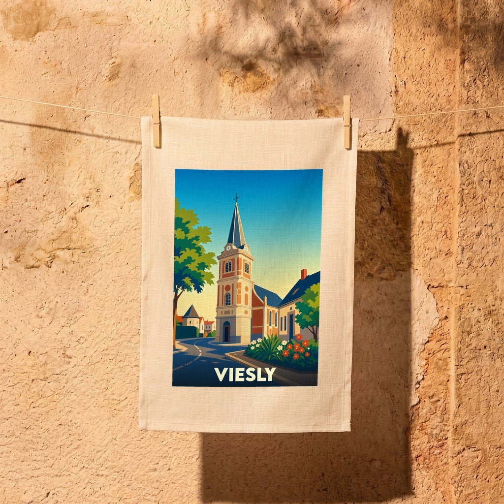 Torchon souvenir de la ville de Viesly illustré d'un dessin stylisé représentant l'église locale sous un ciel ensoleillé.
