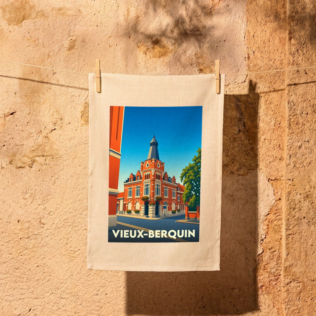 Torchon souvenir de la ville de Vieux-Berquin avec une illustration colorée et stylisée de l'hôtel de ville.