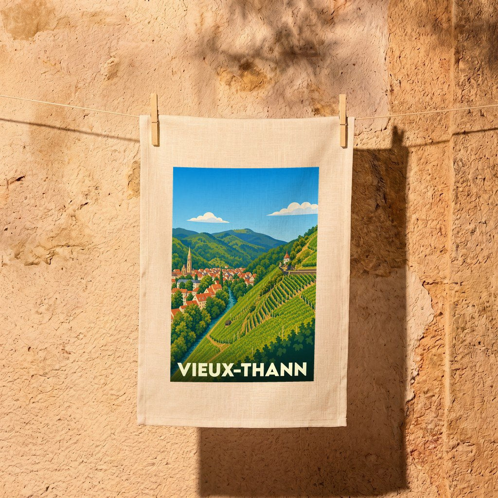 Torchon souvenir de la ville de Vieux-Thann avec une illustration stylisée de son paysage alsacien.