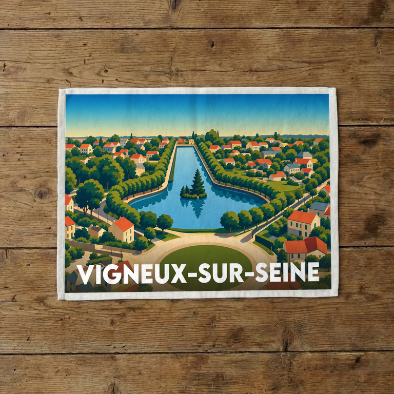 Torchon souvenir de la ville de Vigneux-sur-Seine avec une illustration stylisée d'un paysage verdoyant entourant un lac.