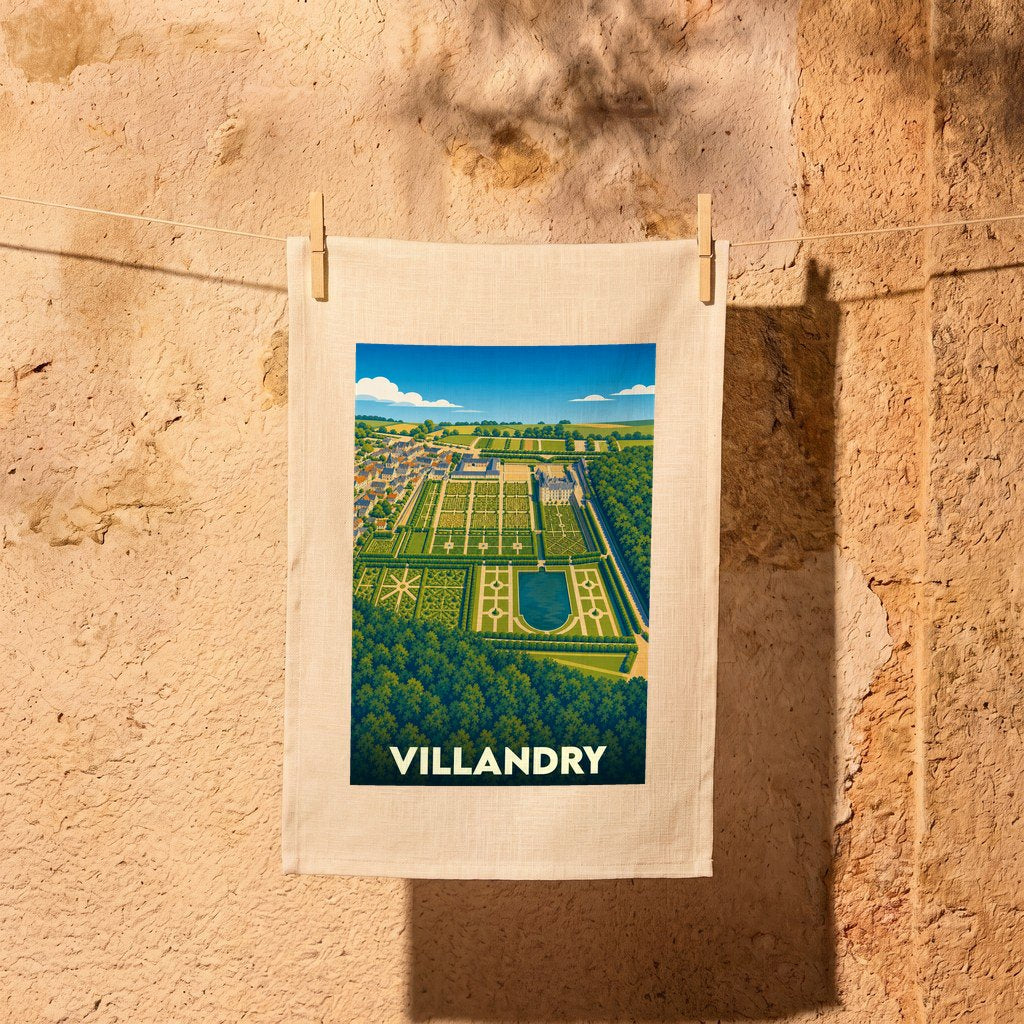 Torchon souvenir de la ville de Villandry illustré d'une vue aérienne stylisée de son château et de ses jardins.